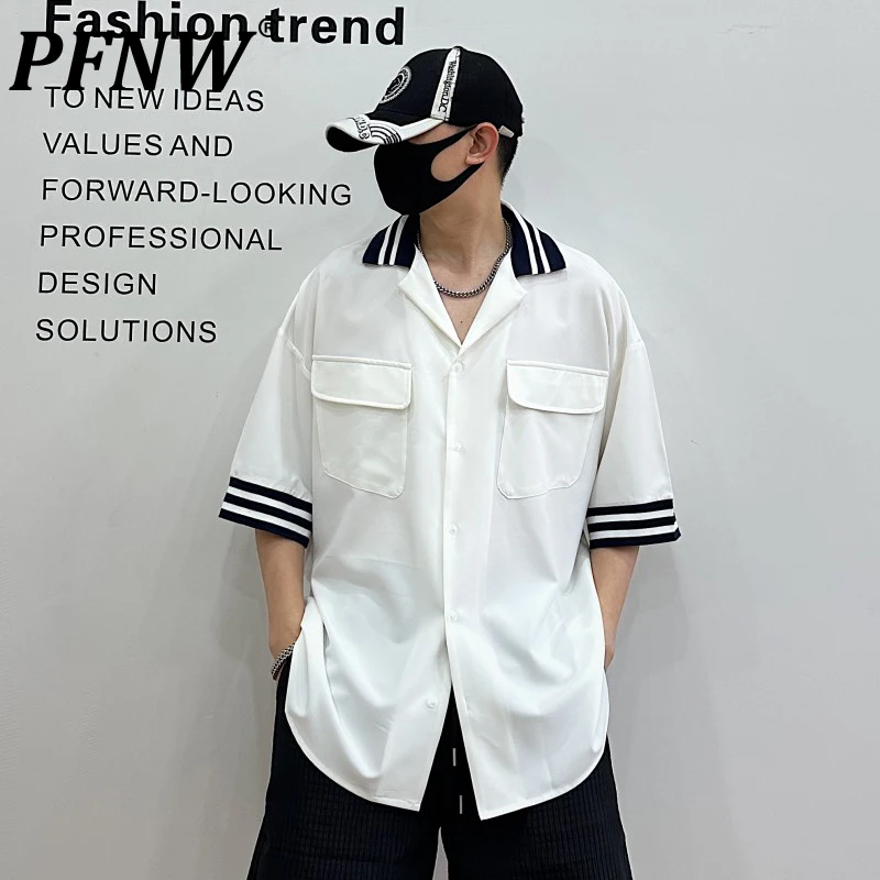 

PFNW Spring Summer New Men's Japan Style Casual Shirts Fashion Pockets Spliced Colors Contracted Baggy Short Sleeve Tops 28A2261