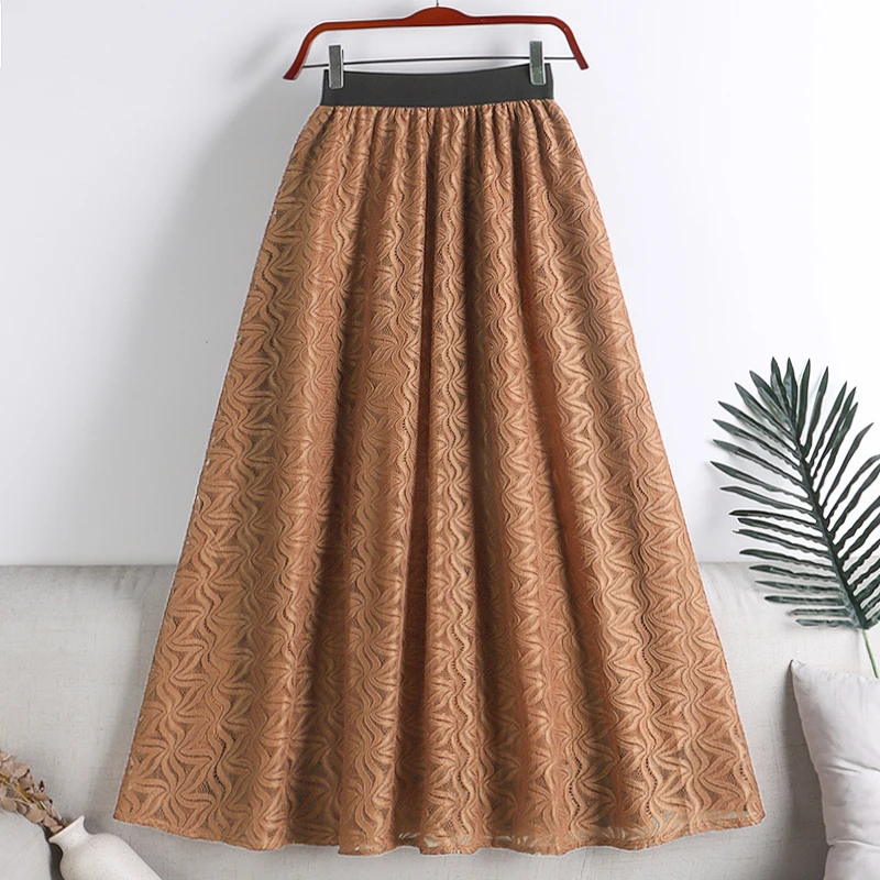 

Lace Skirts High Waist Elastic Jupe Pleated Mujer Faldas New Autumn&Winter Long Coffee Skirt Casual Women Clothes Dropshipping