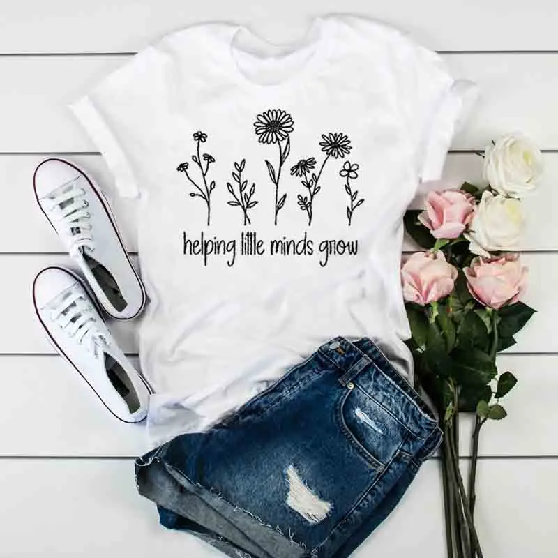 

Helping Little Minds Grow Flower Print Shirts For Female Cotton Summer Soft Cute Short Sleeve Ladies Graphic T-shirt Tops Tees