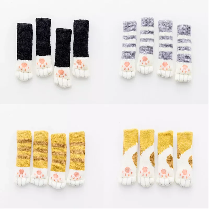 

4Pcs Cat Paw Table Foot Socks Chair Leg Covers Floor Protectors Non-Slip Knitting Socks For Furniture Cartoon Home Decor