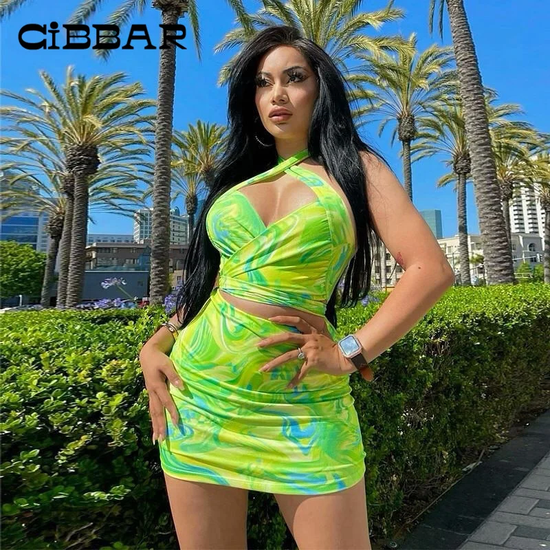 

CIBBAR Summer Sexy Cleavage 2 Pieces Sets Party Elegant Aesthetic Printing Suit Women Skinny Camisole+Bodycon Mini Skirts Outfit