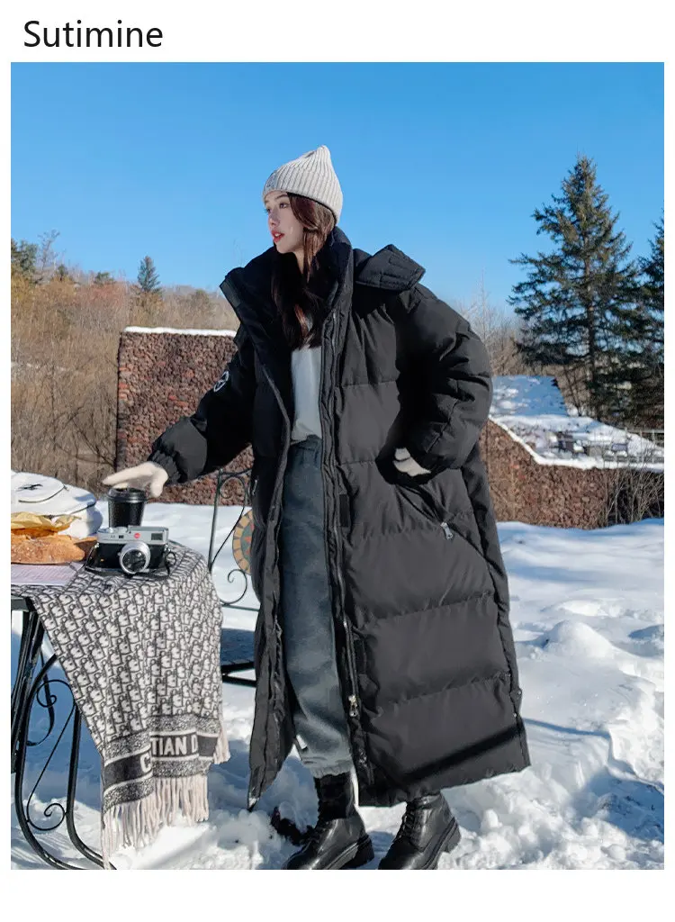 Winter Coat Women Office Lady Pockets Women Cotton Padded Jacket Over Knee Loose Thickened Down Zipper Hooded Coat Women