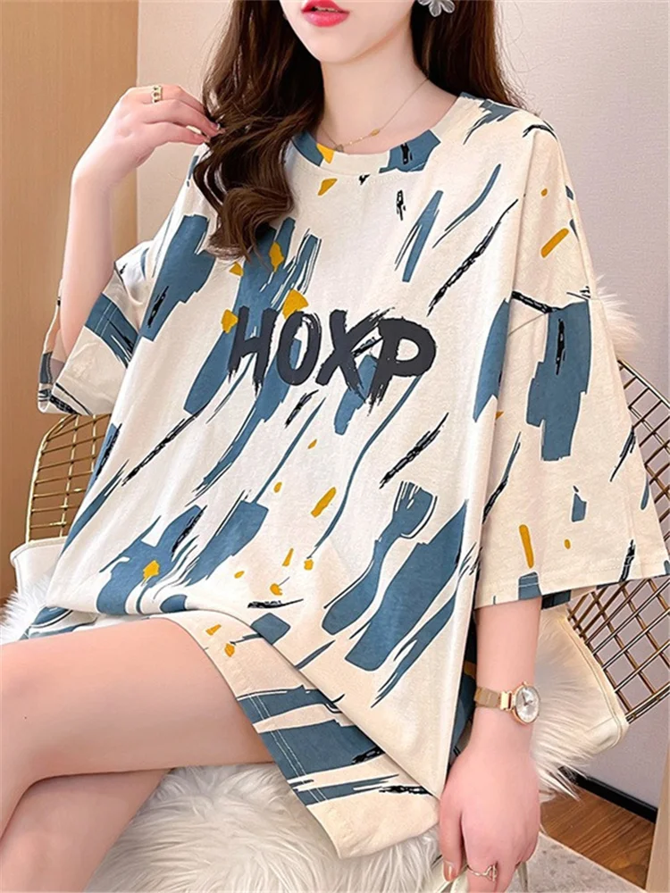 

H.Sa Women's Summer All-match T-shirt 2022 Casual Short Sleeve Tops Graffiti Print T-Shirt O-neck Loose Cotton Shirts Female Tee