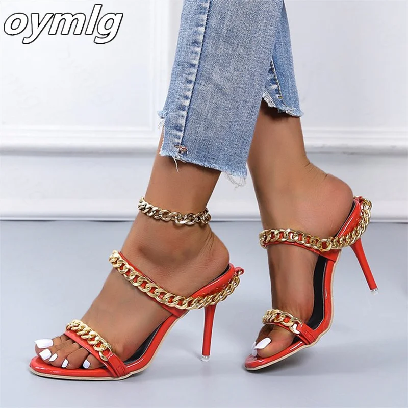 

2022 new summer high heel stiletto shoes sexy chain slippers open toe black large size female sandals 43 size