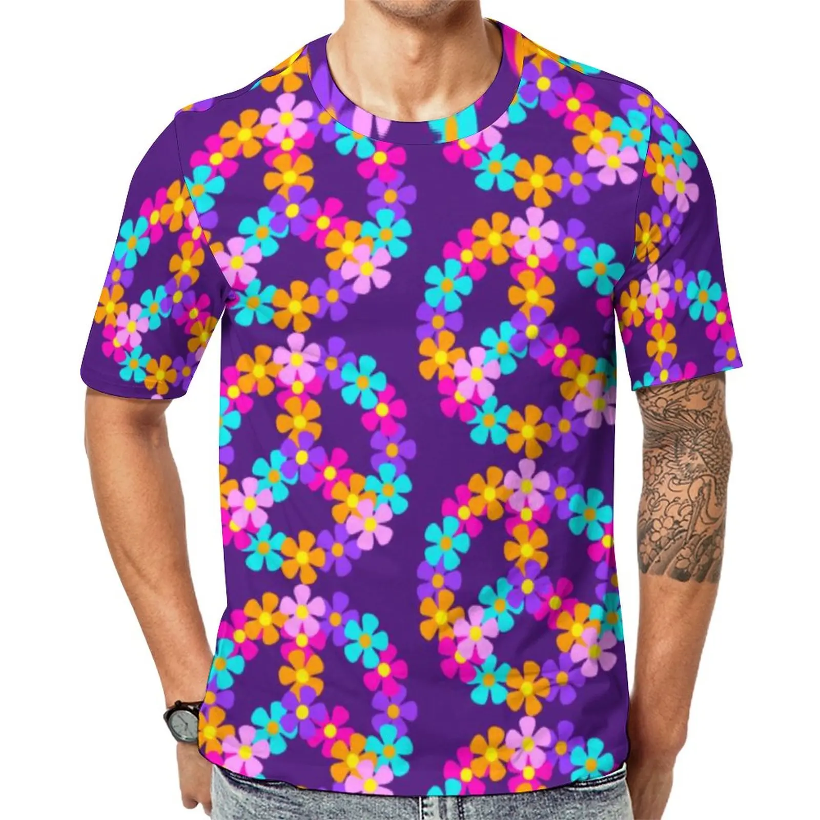

Floral Peace T Shirt Men Hippie Bright Print Funny T Shirts Summer Harajuku Tees Short Sleeves Graphic Oversized Clothing