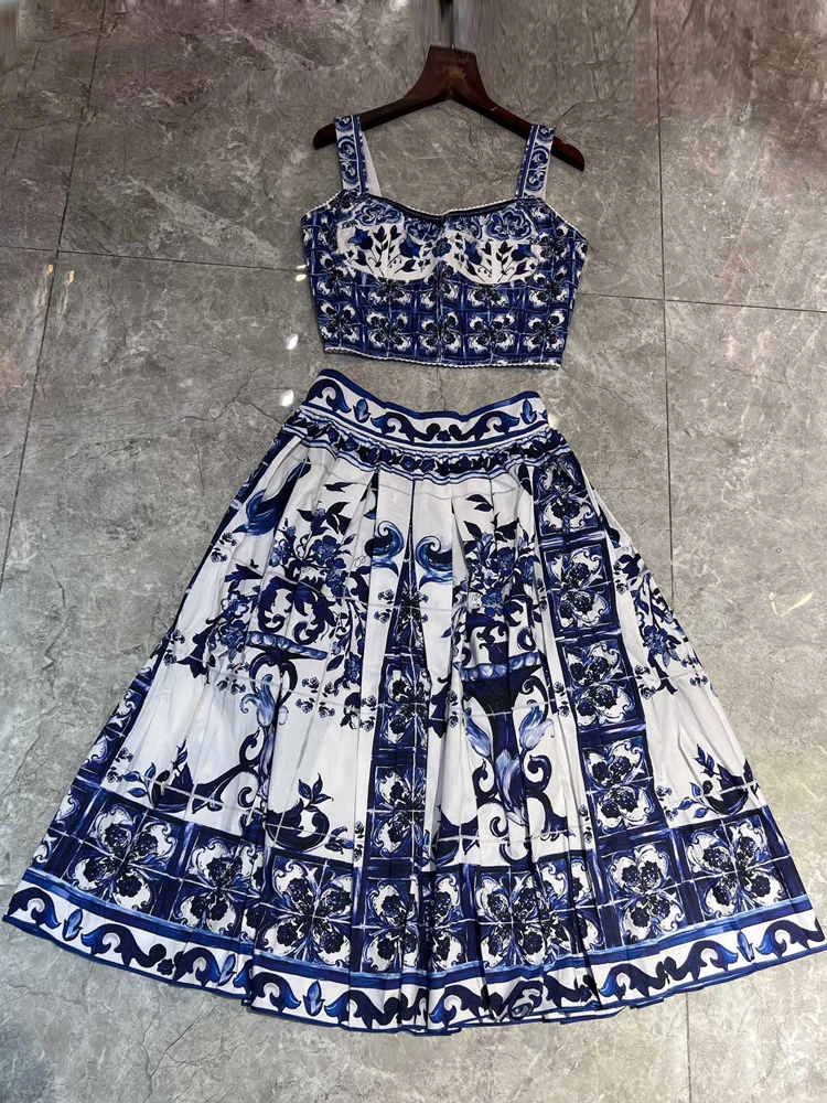

Red RoosaRosee Cotton Twinset Classic Blue White Porcelain Print V-neck Collar Short Strap Midi Skirt Set Women Summer 2022 Suit