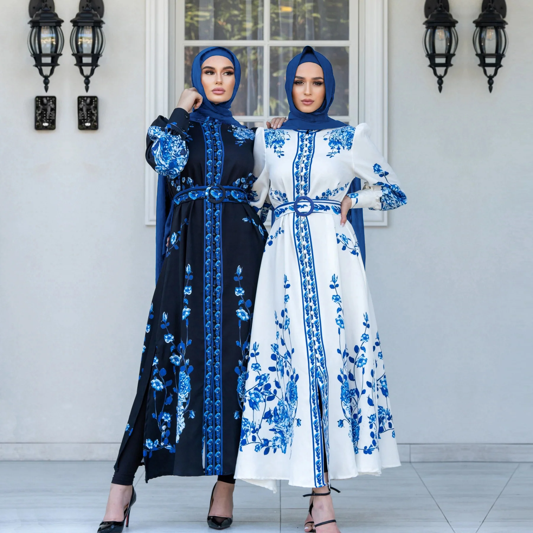 

Turkish Abaya For Women Tasbih Musulman Long Sleeve Stand Collar Printed Large Swing Dress Islam Moroccan Caftan Woman Clothing