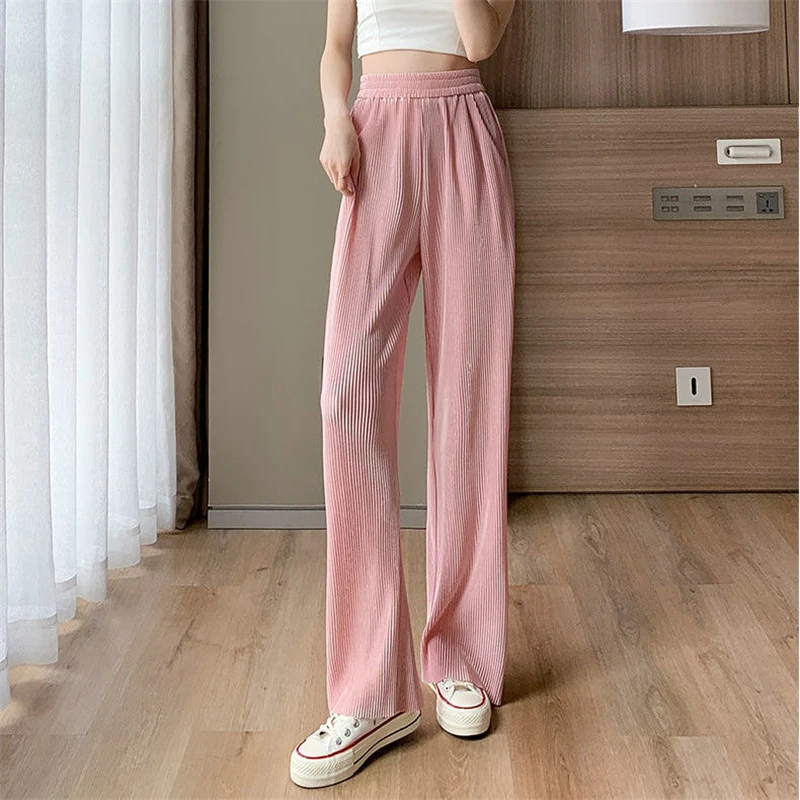 

Korean Pleated Wide Leg Pants Summer Ice Silk Knit Sweatpants Casual Loose High Elastic Waist Trouser Straight Pantalones Capris