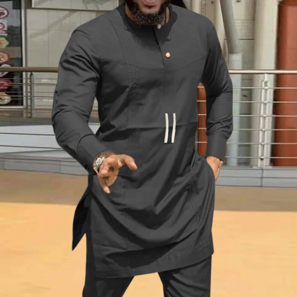 

Muslim Men Black Shirt Autumn Spring Daily Work Business Dubai Solid Color Long Sleeve Casual Straight African New Blousa 2022