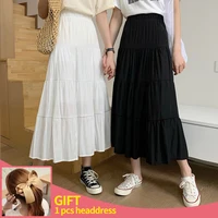 fashion summer women chiffon skirts vintage high waist elastic patchwork student a line skirt long cake white black chic