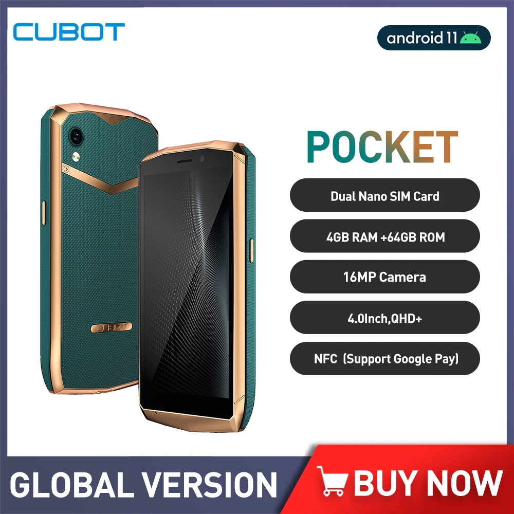 Cubot Pocket Mini  Android 11 Smartphone 4GB 64GB 4.0 Inch Cellphone T310 Quad Core Mobile Phone 16MP Camera NFC 3000mAh 2022