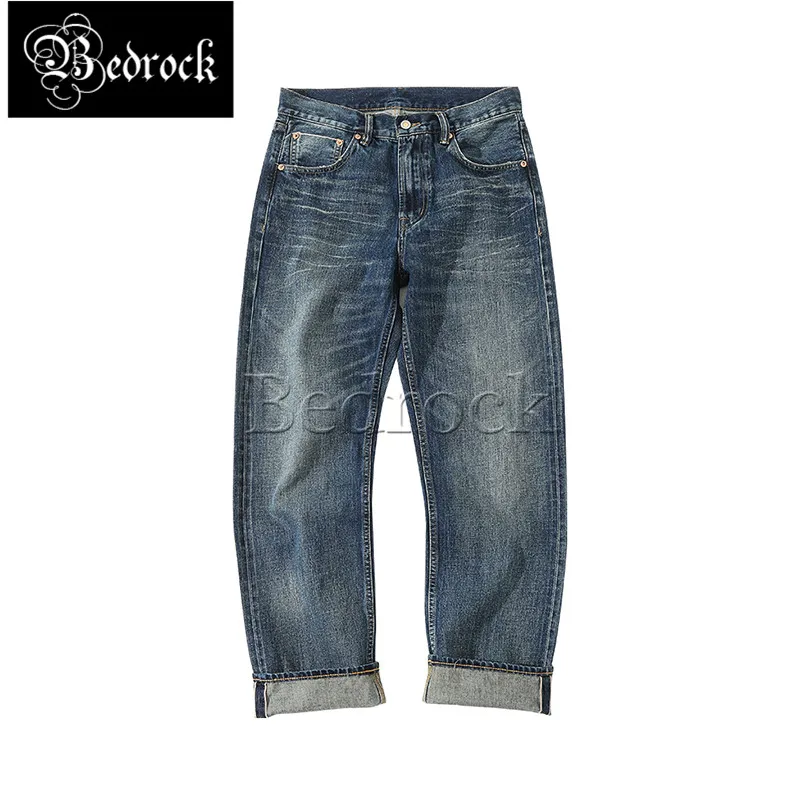 MBBCAR 14.5oz selvedge denim jeans men whisker monkey wash blue cattle jeans distressed restoration retro wear straight pants