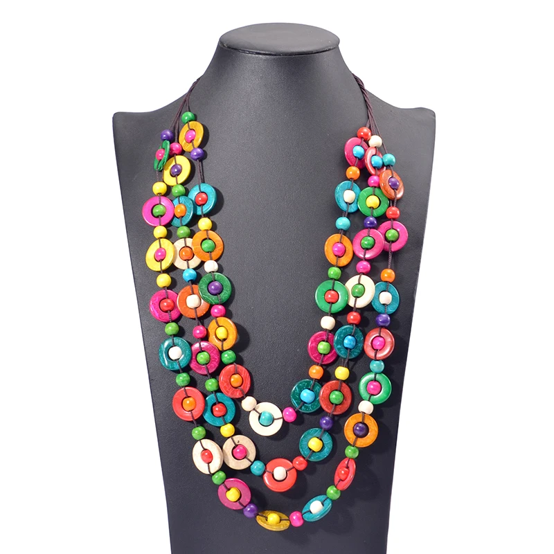Ethnic Customs Handmade Multi Layer Color Wood Necklace &amp Pendant Bib Beads Jewelry Vintage Statement