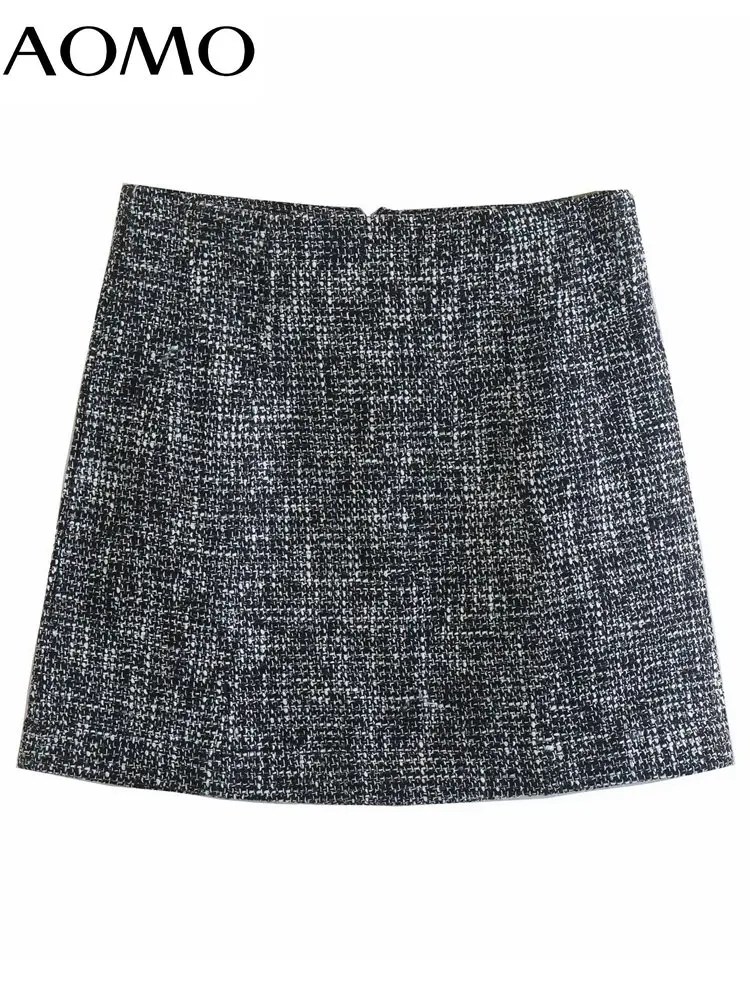 

Женская твидовая мини-юбка AOMO, винтажная юбка с высокой талией и боковой молнией, QD50A