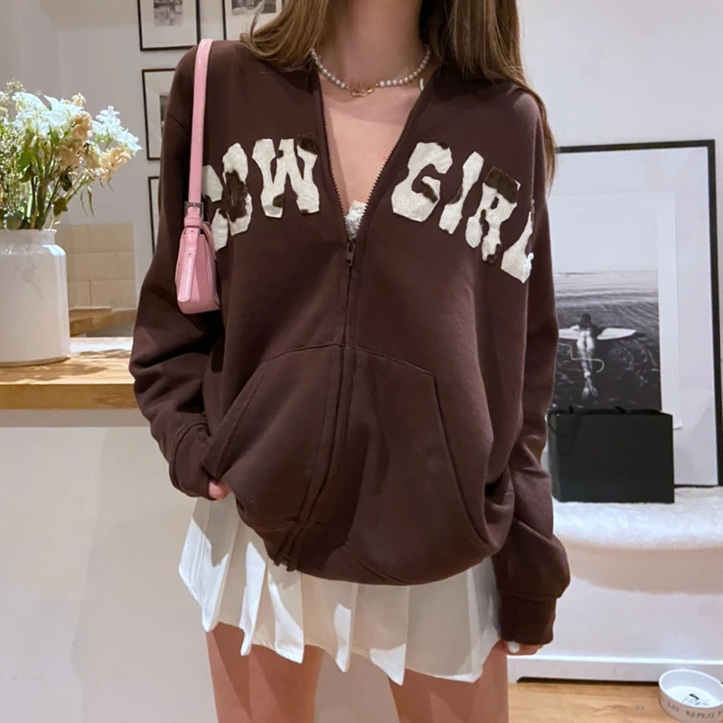 

Y2K Vintage Letter Print Loose Hooded Female Harajuku Women Casual Zip Up Long Sleeve Sweatshirts with Pockets Streetwear
