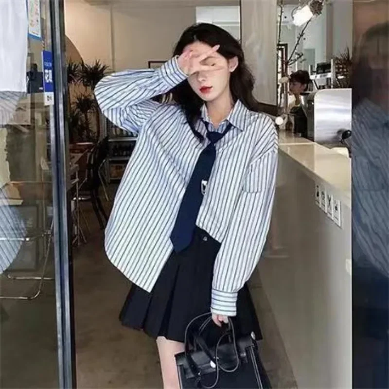 Полосатая синяя рубашка японская модная женская блузка 2024 консервативный топ в