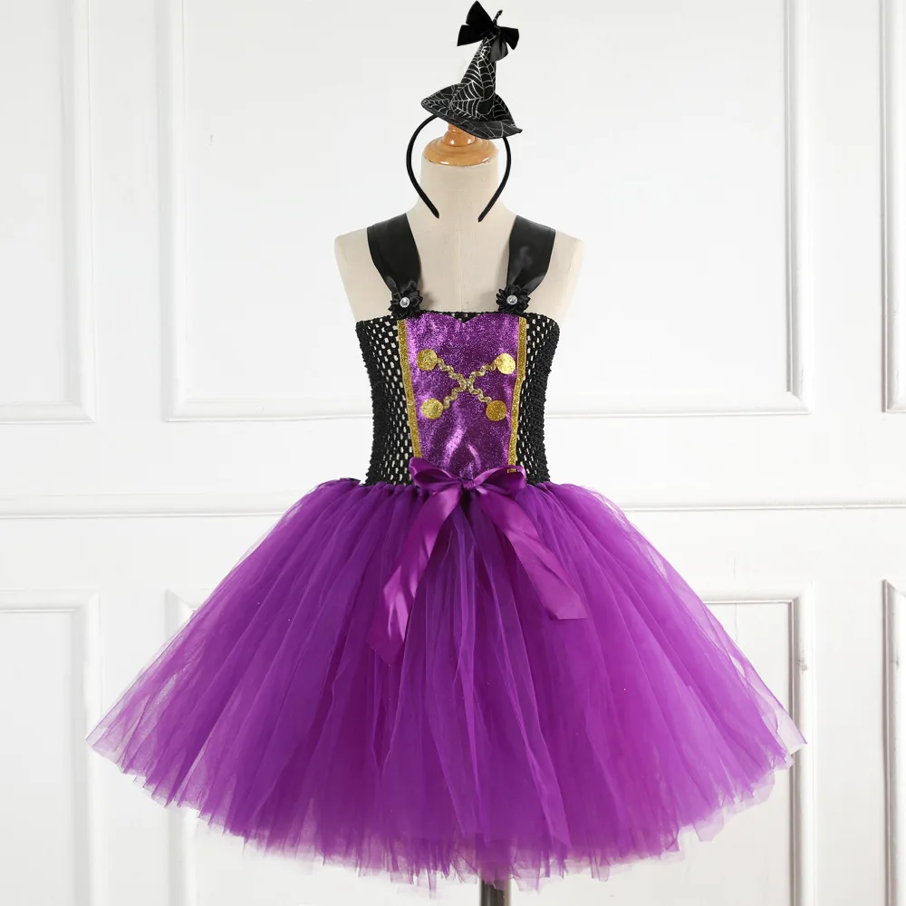 Children Clothing Halloween Purple Girls Tutu Skirt with Headdress Kids Girl Mesh Dresses for Party Holidays