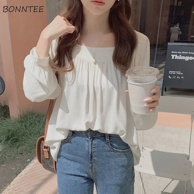 

Blouses Women French Style Sweet Lovely Girls Elegant Solid Clothes Breathable Fashion New Design Simple Mujer Folds Cozy Ins
