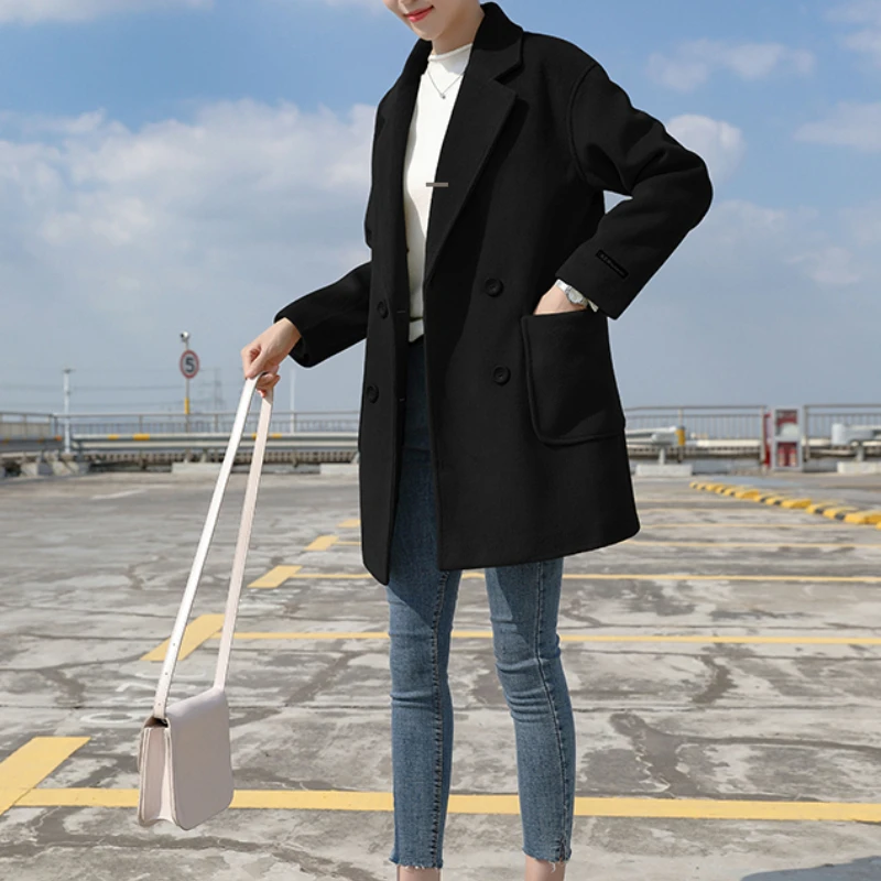 

Женская двубортная куртка с длинным рукавом, Зимняя Повседневная Свободная Элегантная черная верхняя одежда, женское теплое шерстяное пал...