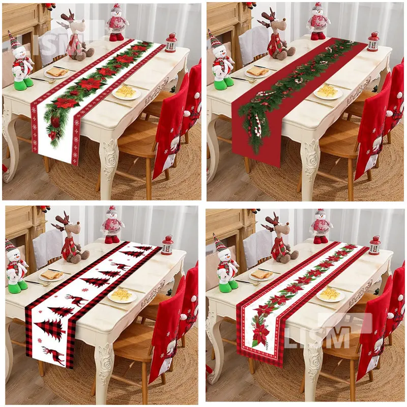 

Christmas Table Runner Xmas Tree Santa Claus Elk Printed Rectangular Tablecover Kitchen Dining Tablecloth New Year Home Decor