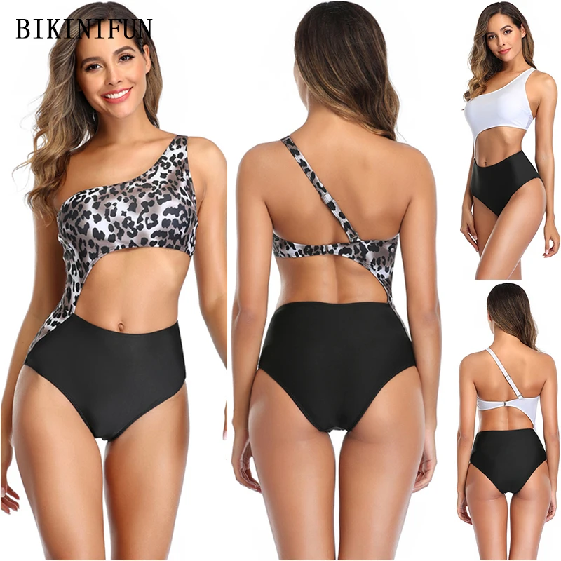

New Sexy Single Shoulder Swimwear Women Leopard Patchwork Swimsuit Cutout Bathing Suit S-2XL Girl Plus Size Bikini Set