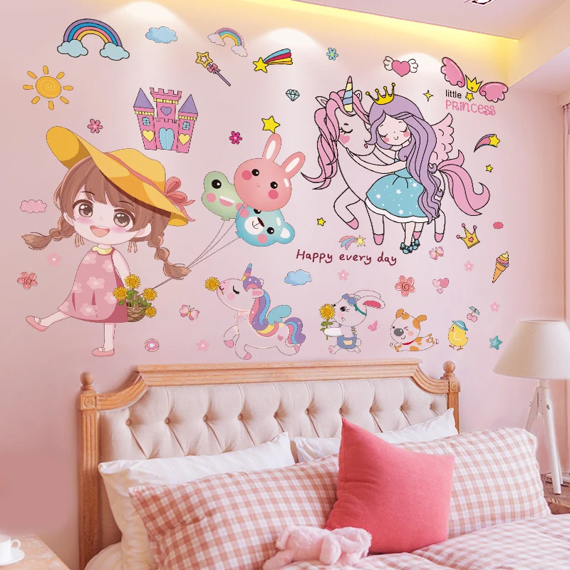 

[SHIJUEHEZI] Cartoon Girl Wall Stickers Vinyl DIY Unicorn Animal Wall Decals for Kids Bedroom Baby Room Nursery Home Decoration