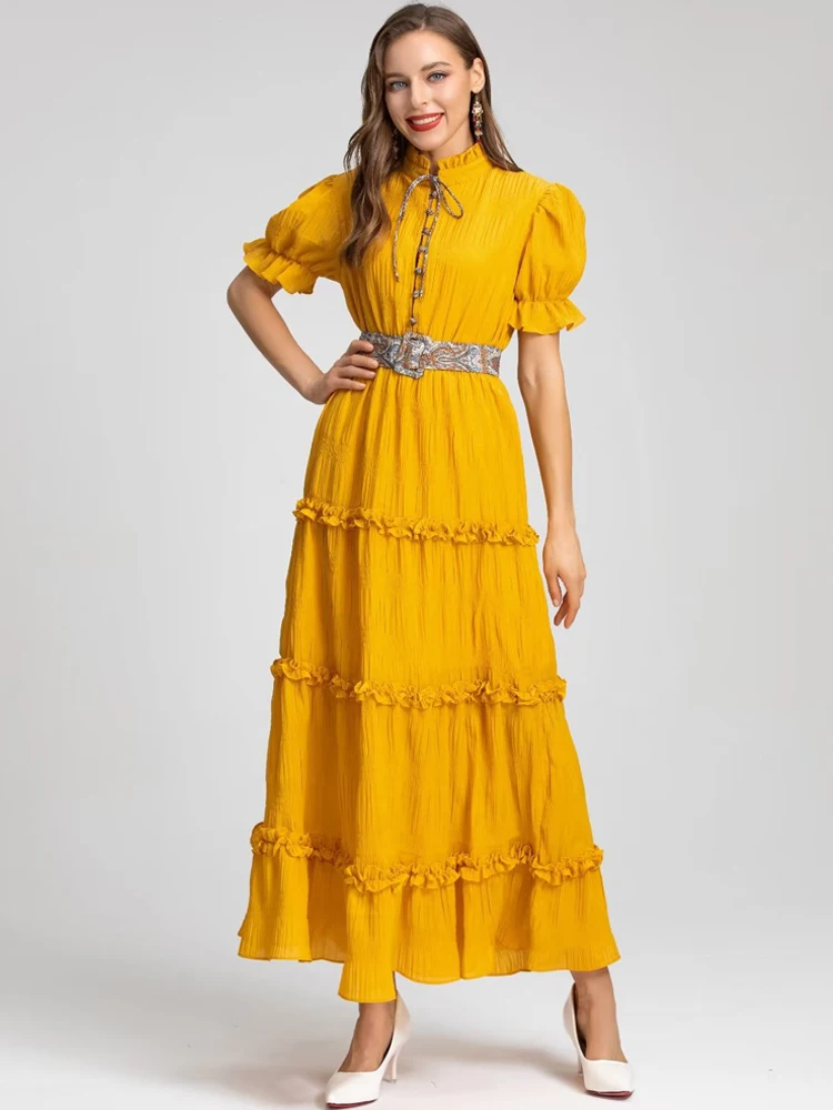 

Summer New High Quality Designer Women's High Street Belts Slim Fit Vintage Elegant Fashion Celebrity Casual Party Long Dress