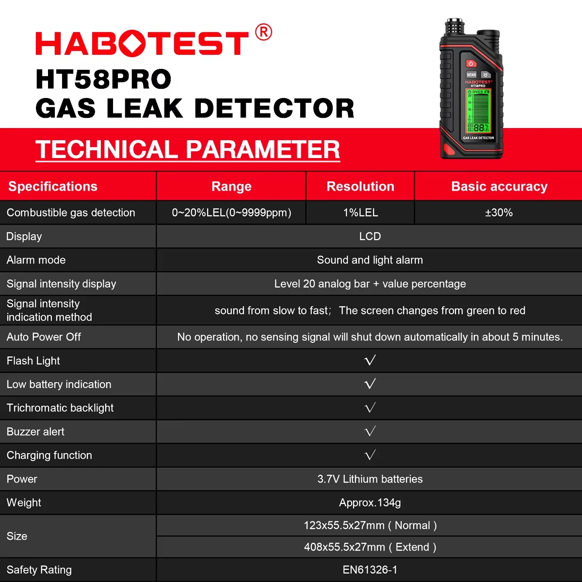 HABOTEST HT58Pro Детектор горючих газов со звуковой и световой сигнализацией 0-9999 ppm