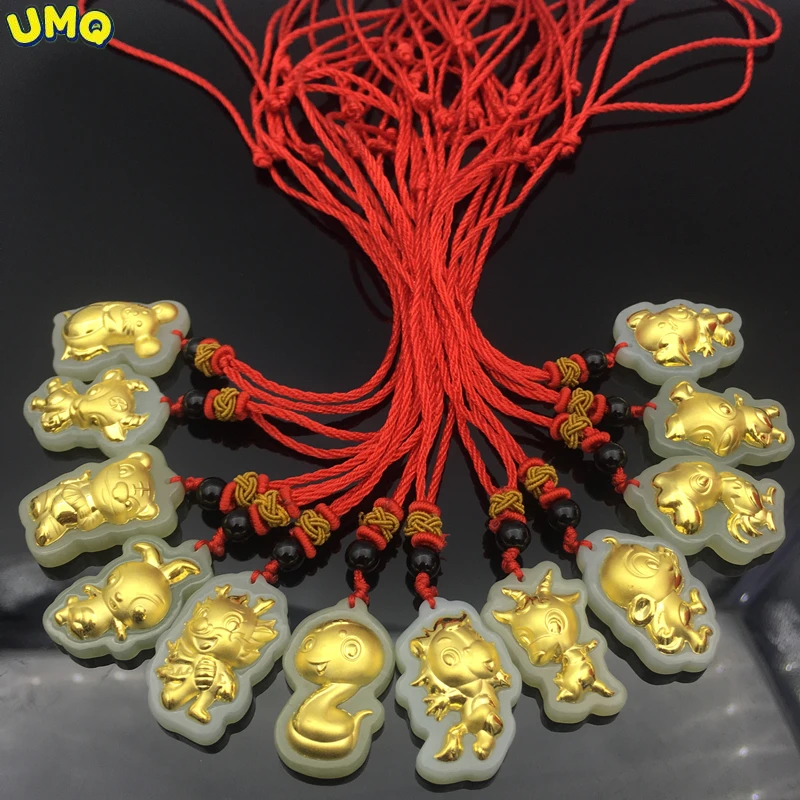 

Золотая инкрустированная нефритом Зодиак, Золотая Детская Подвеска с нефритовой инкрустацией, ожерелье с инкрустацией для мужчин и женщин,...