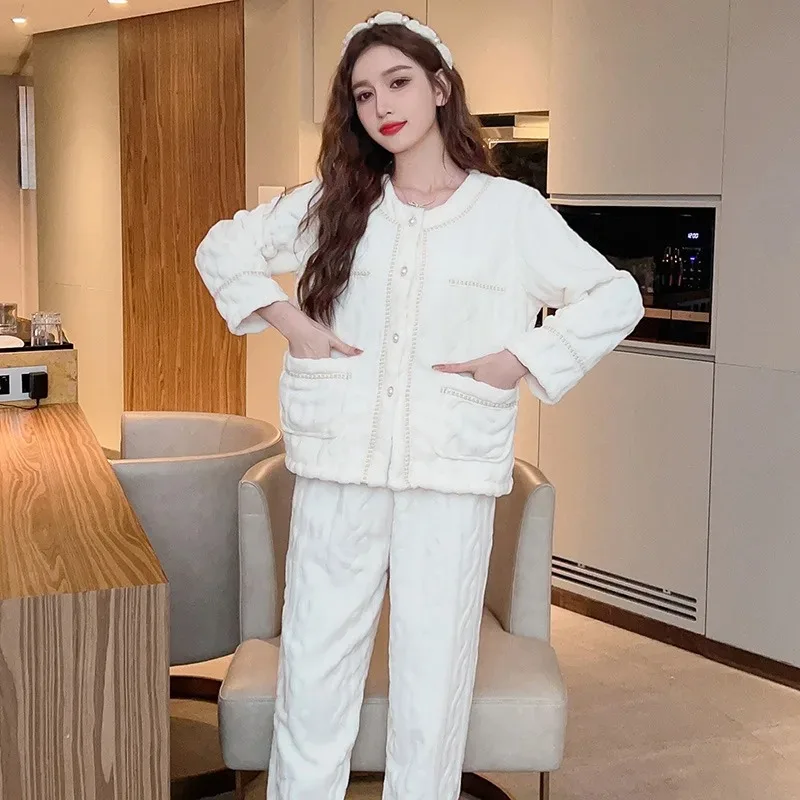 

Coral Fleece Pajamas Sets Home Clothes 2Pcs Round-Neck Sleepwear Women Long Sleeve Pijamas Suit Winter Warm Pyjamas Nightshirts