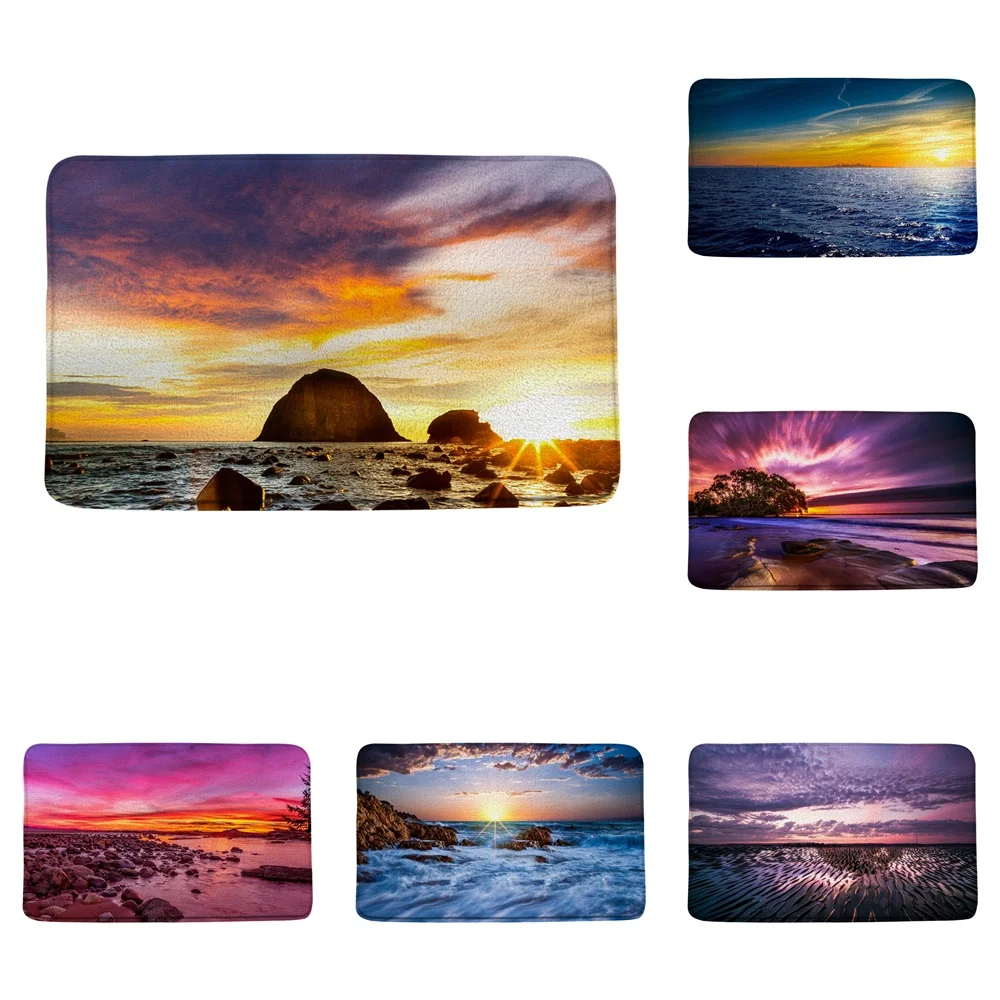 

Ocean Sunset Bath Mat Natural Scenery Sea Waves Island Mountains Rock Beach Colorful Cloud Non Slip Bathroom Rug Kitchen Doormat