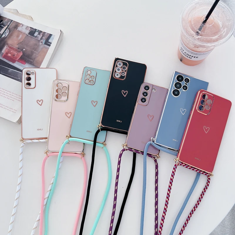 Love Heart Crossbody Lanyard Strap Plating Case For Samsung Galaxy A53 A 53 A52 A52S A73 A33 A72 A32 4G 5G A51 A71 A12 A22 Cover