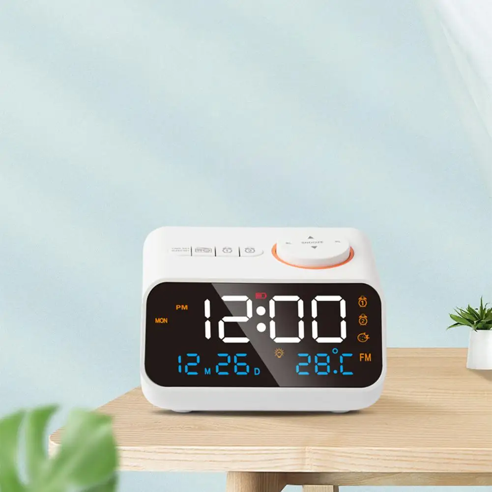 

LED Digital Alarm Clock FM Radio Dimming Rechargeable Temperature Humidity Meter With Snooze Function