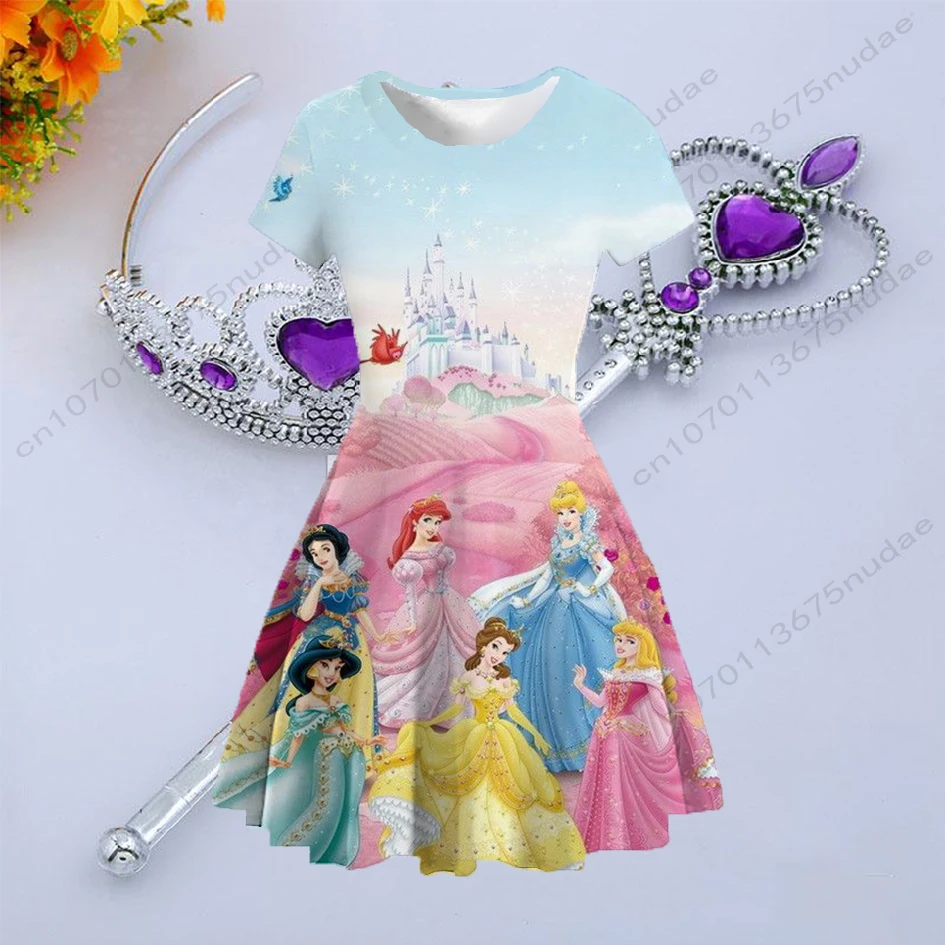 Купи 2022 New Disney Children's Clothing Summer Casual Cute Skirt Round Neck Short Sleeve Skirt Print Snow White Dress за 252 рублей в магазине AliExpress