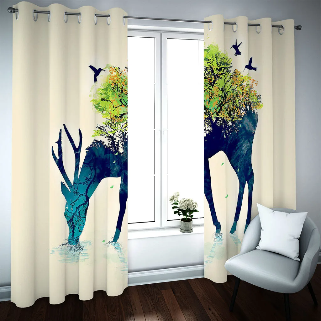 Короткие шторы HUANZHUANG с абстрактным лесом и оленями затенение занавески для