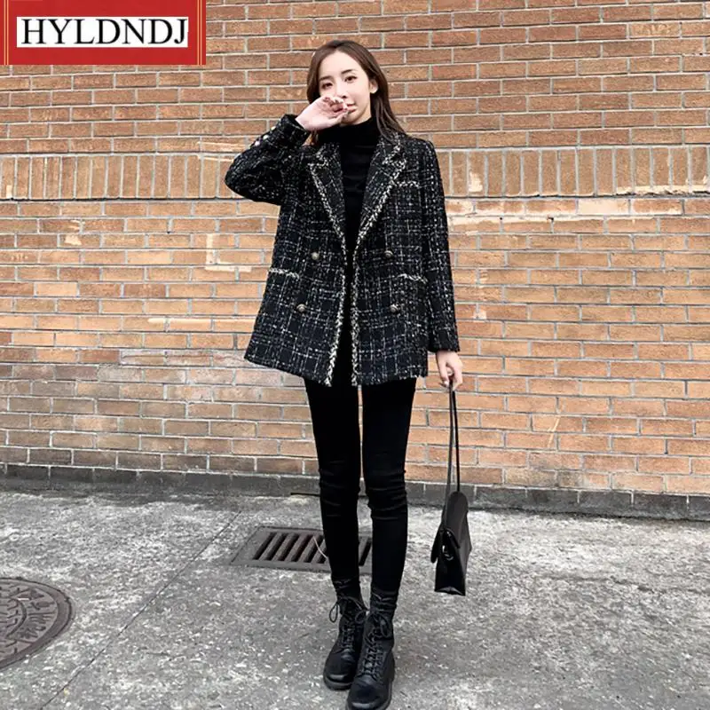 Double Breasted Fashion Suit Coats Black Plaid Blazer Women Autumn Winter Thicken Tweed Turn-Down Collar Vintage Blazer Jacket