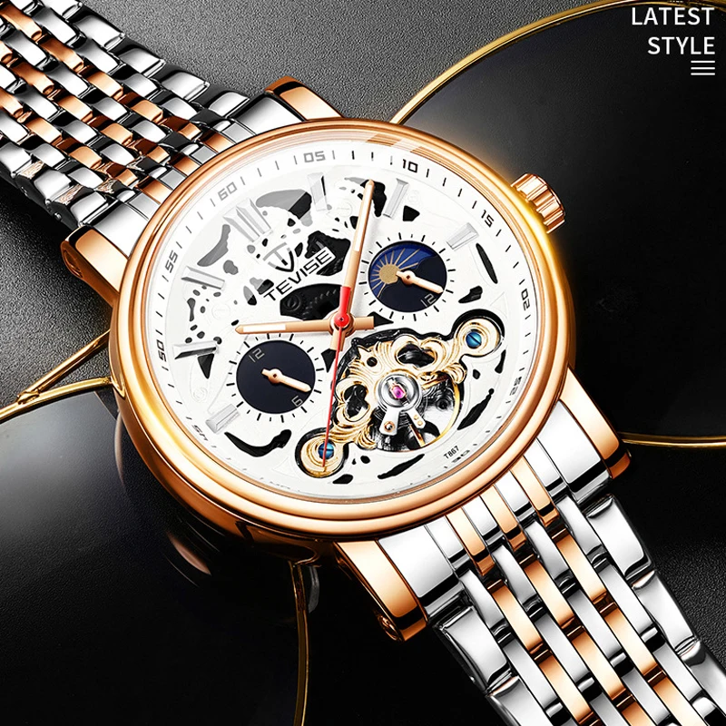 Механические часы с скелетом Луны и фазой для мужчин автоматические мужские