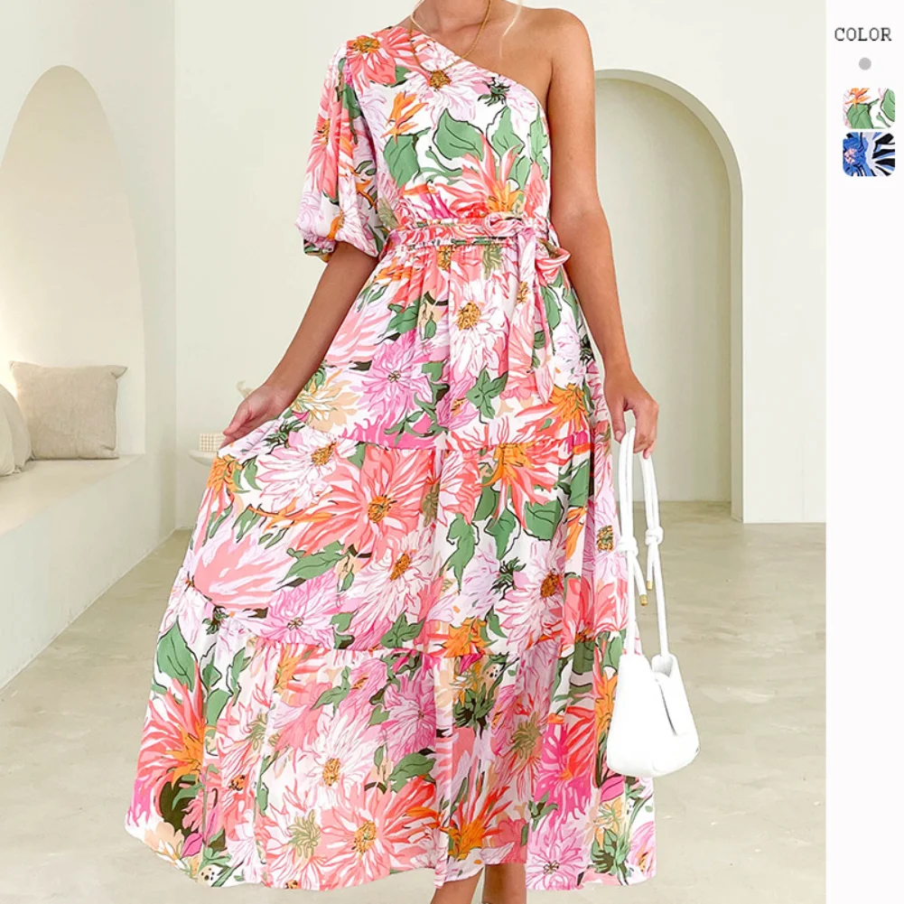 

Elegant Temperament Short-sleeved Dress 2023 Summer New Oblique Shoulder Print Casual Comfortable Women's Dresses Beach Vacation