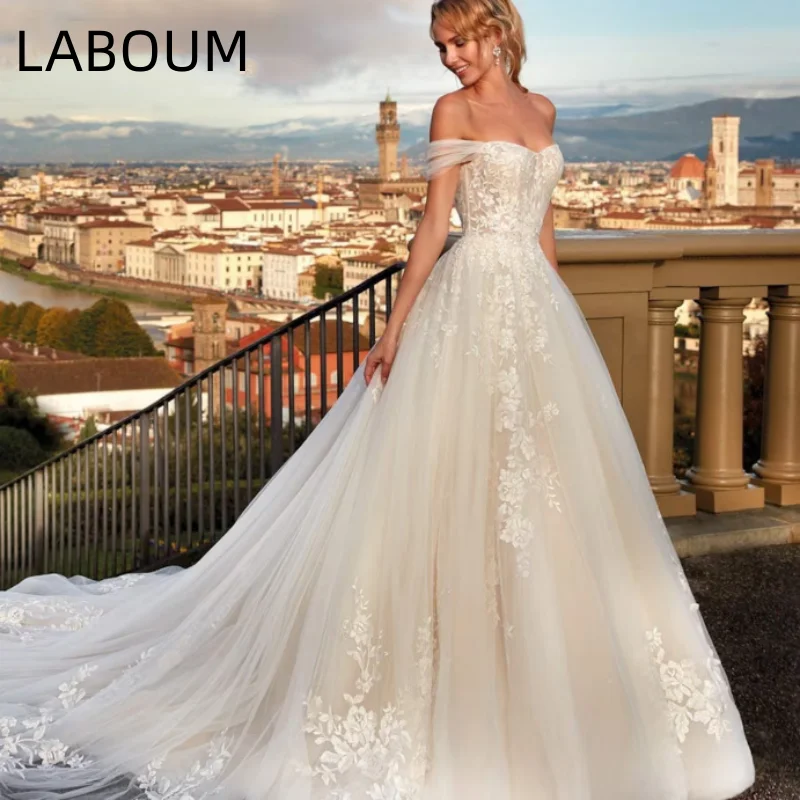 

Тюлевое свадебное платье LaBoum с цветочной аппликацией, ТРАПЕЦИЕВИДНОЕ свадебное платье с открытыми плечами, кружевное платье принцессы с длинным шлейфом и открытой спиной