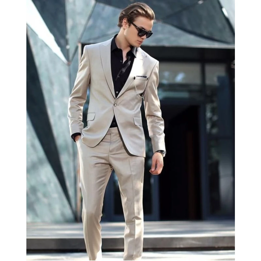 

Causal Beige Mens Suits for Wedding Slim Fit 2 Pieces Jacket Pants Tuxedos Groom Fashion One Button Formal Business Men Blazer