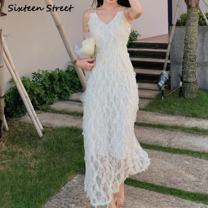 

Женское праздничное платье с открытой спиной, белое платье макси на бретельках с бахромой и перьями, модная одежда в Корейском стиле