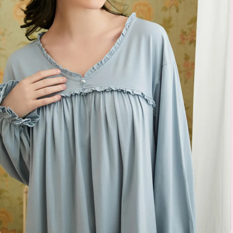 Spring Women's Nightdress Cotton Long Sleeve Sleepshirt Autumn Soft Comfy Nightwear French Style Princess Vintage Dressing Gown