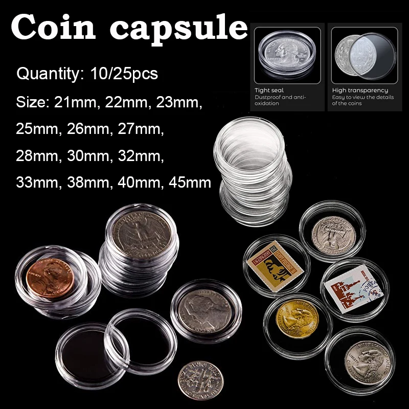 10/25Pcs 21/22/ 23/25/26/27/28/30/32/33/38/40/45mm Round Storage Ring Plastic Boxes Clear Coin Holder Capsules Cases