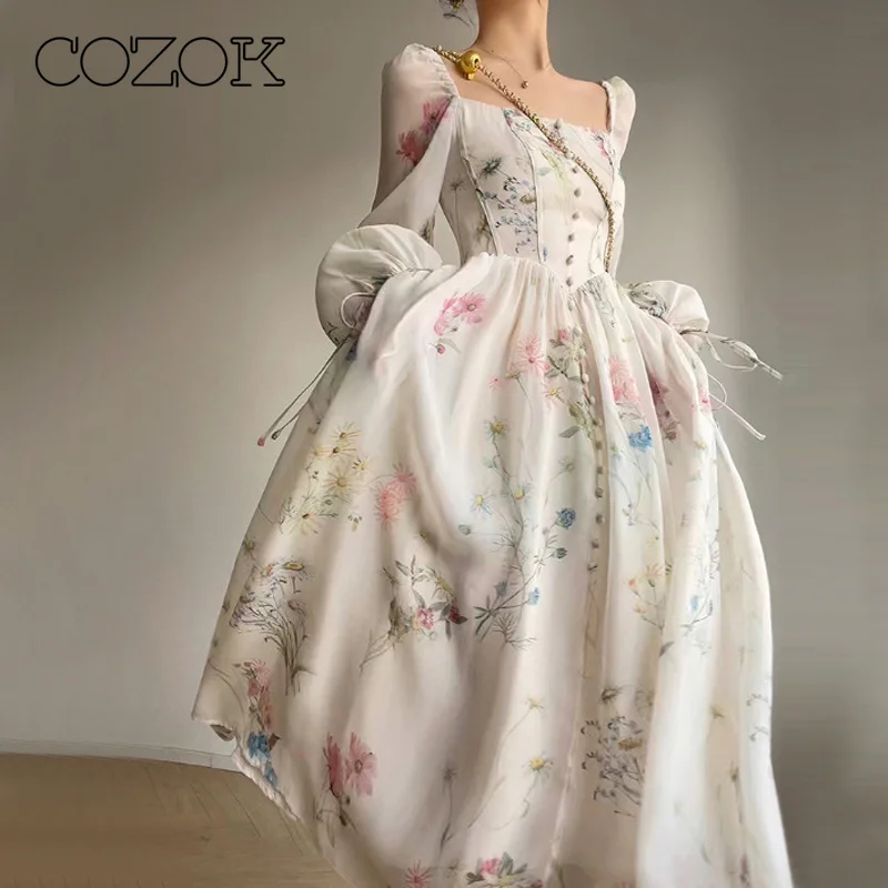 

COZOK весенне-летнее шифоновое модное женское элегантное свободное платье с длинным рукавом и принтом, женское повседневное длинное платье-т...