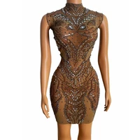 brown sleeveless sexy shining rhinestones women dress stage singer performance costume evening party club clothing