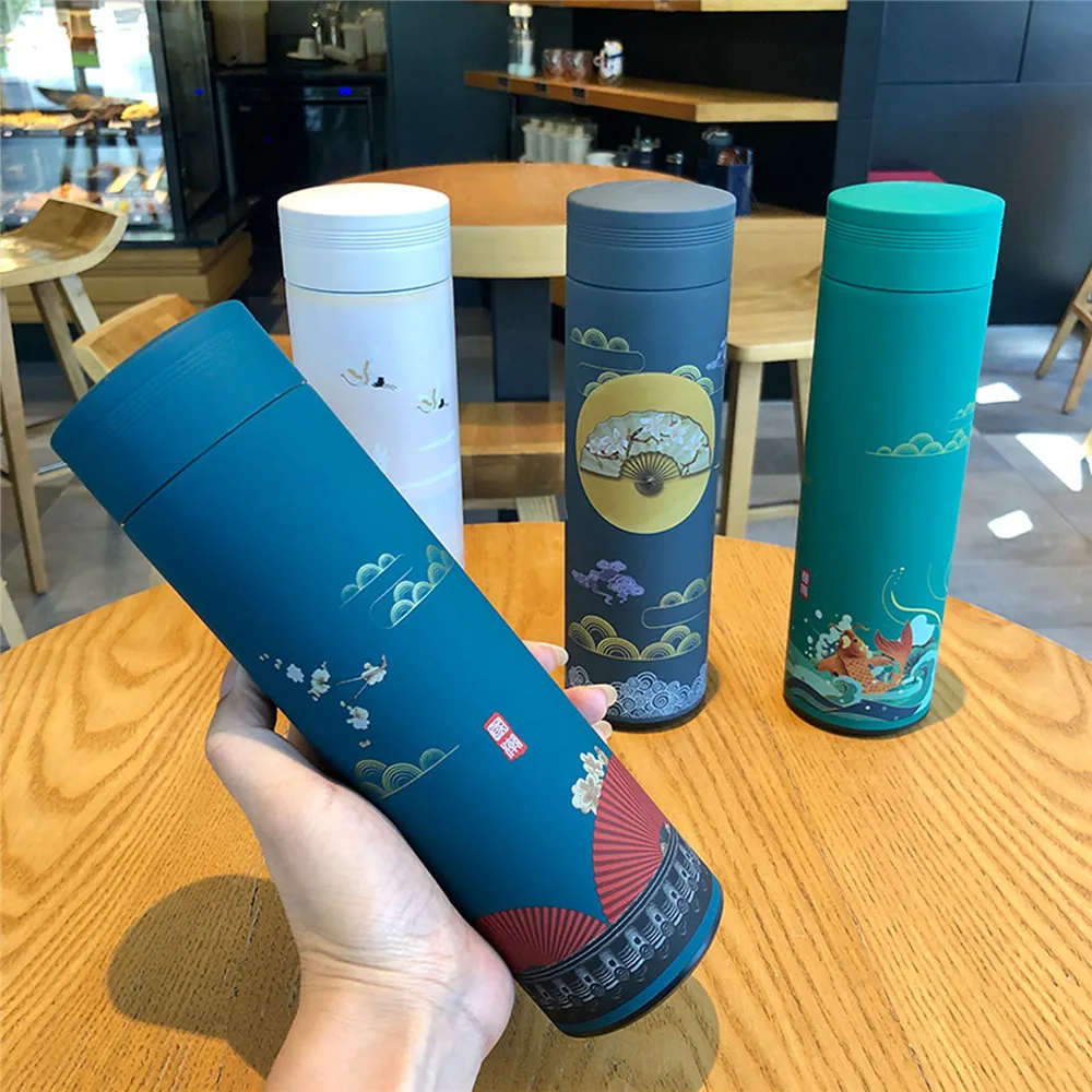 

500ml Creative Retro Thermos Bottle Chinese Style Illustration Stainless Steel Teacup Thermal Coffee Cup Water Bottle Drinkware