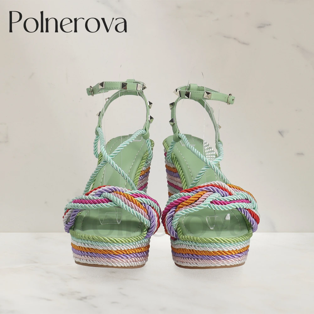 Color Block Hemp Rope Wedges Studs Luxurious Designer Sandals Multicolor Fashion Summer Shoes Platform Buckle Sandals for Women