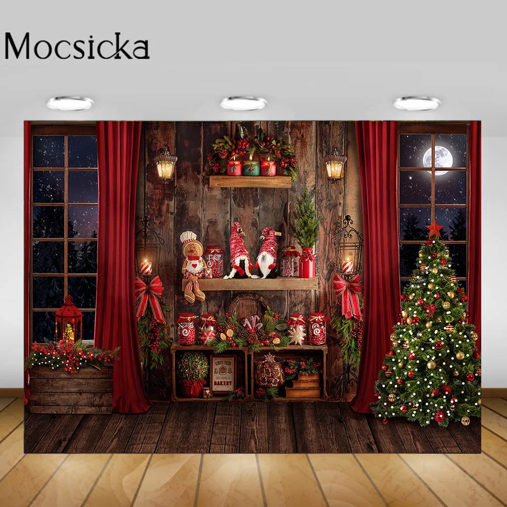 

Mocsicka Wooden Wall Floor Christmas Backdrop for Photo Studio Christmas Tree Dolls Window Moon Child Birthday Photo Background