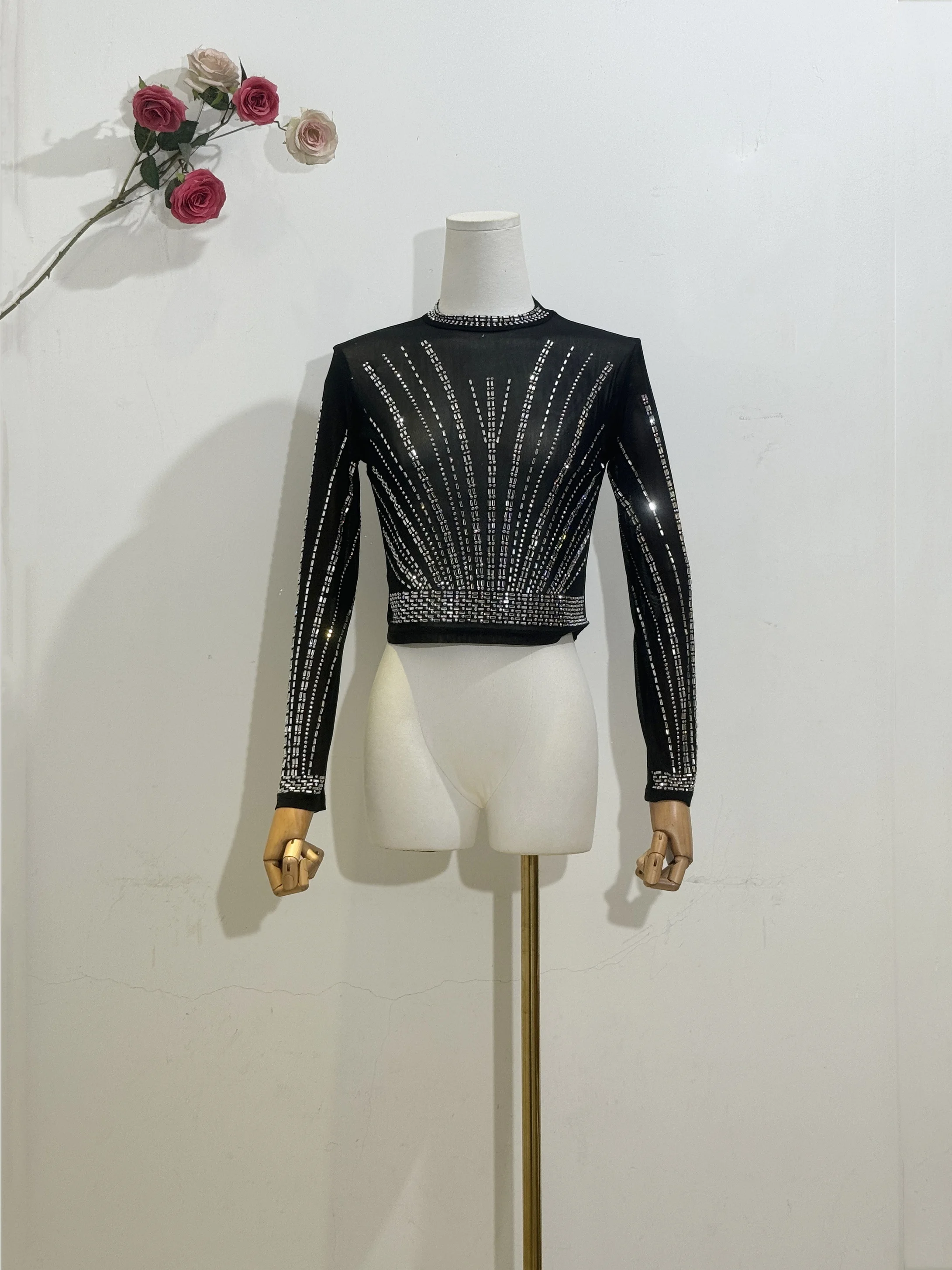 Женский праздничный Топ H80 &amp S90 Сетчатая футболка с круглым вырезом и длинным