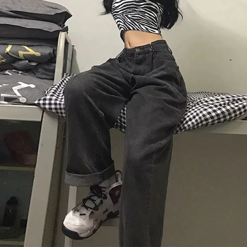 

Women Jeans Vintage Adjustable High Waist BF Oversize Wide Leg Trousers Summer Baggy All-match Streetwear Retro Chic Jeans